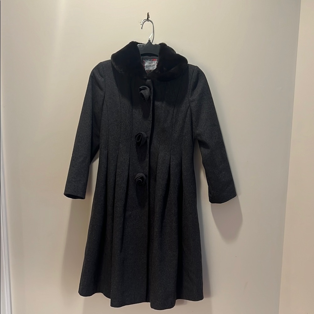 Rothschild Kids’ Black Pea Coat with Faux Fur Collar and Long Sleeves